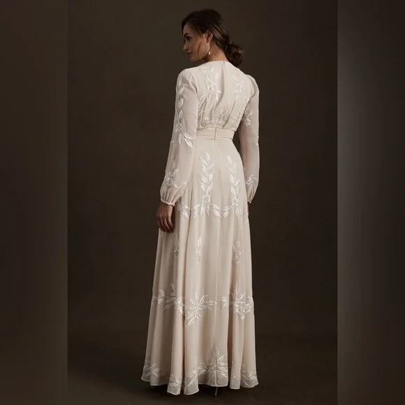 BHLDN Belize Embroidered A-Line Long-Sleeve V-Neck Gown 10 - Picture 3 of 16